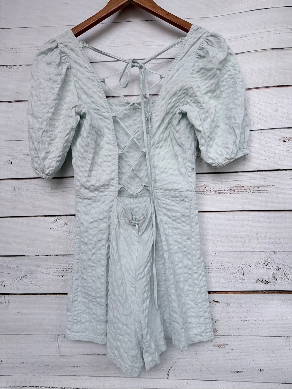 ASOS Seersucker Puff Sleeve Lace Up Back Romper Size 4 - Picture 7 of 11